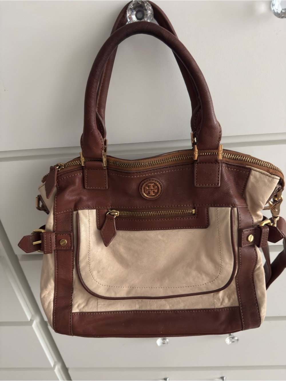 Tory Burch Cream and Brown Leather-Trim Shoulder Bag